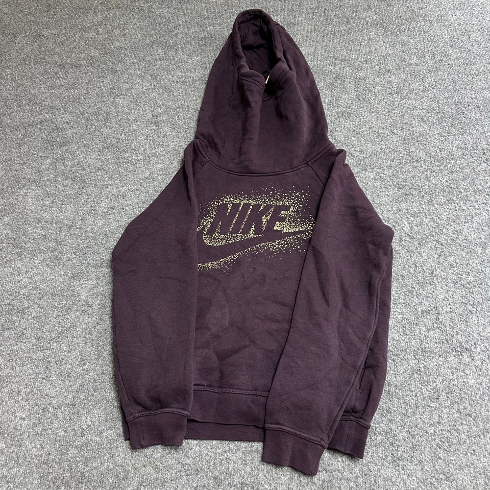 Nike Hoodie Womens Size S Purple Gold Glitter Logo Funnel Neck Pullover Athletic